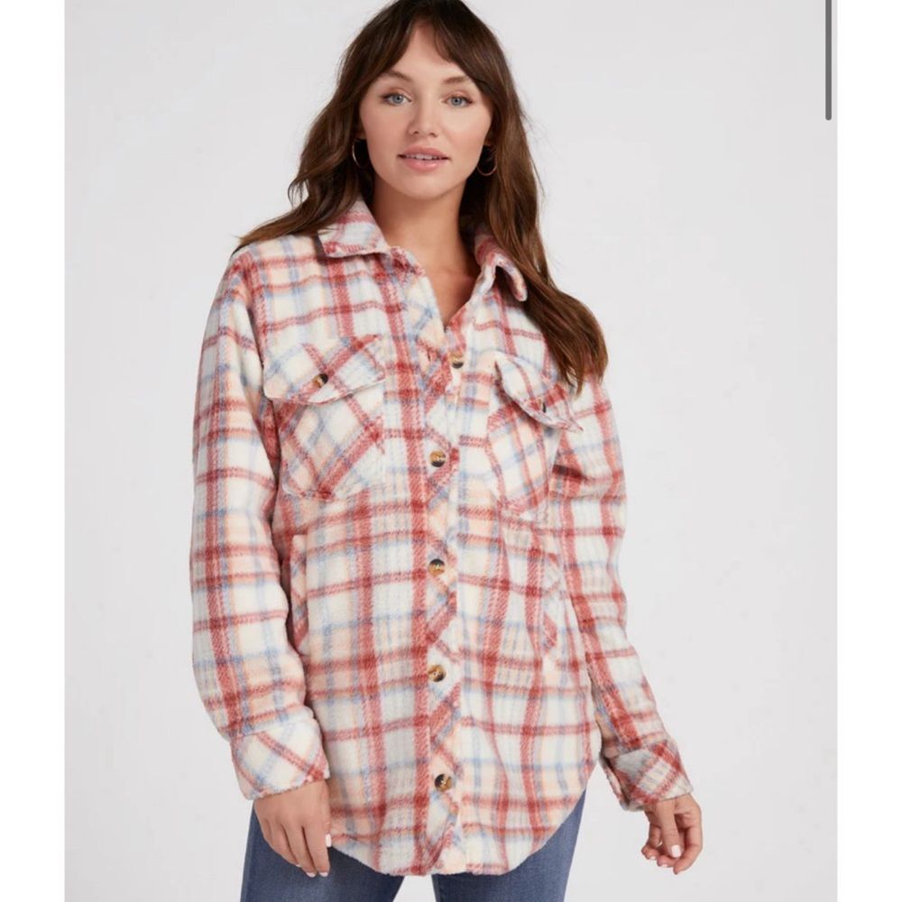 Herizon Sunset Sherpa Shacket in Rust/Blue Plaid Size XL